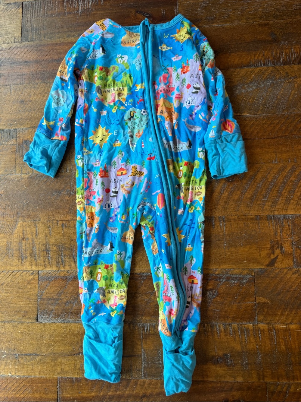 Little Sleepies Turquoise World Map Print Footed One-Piece